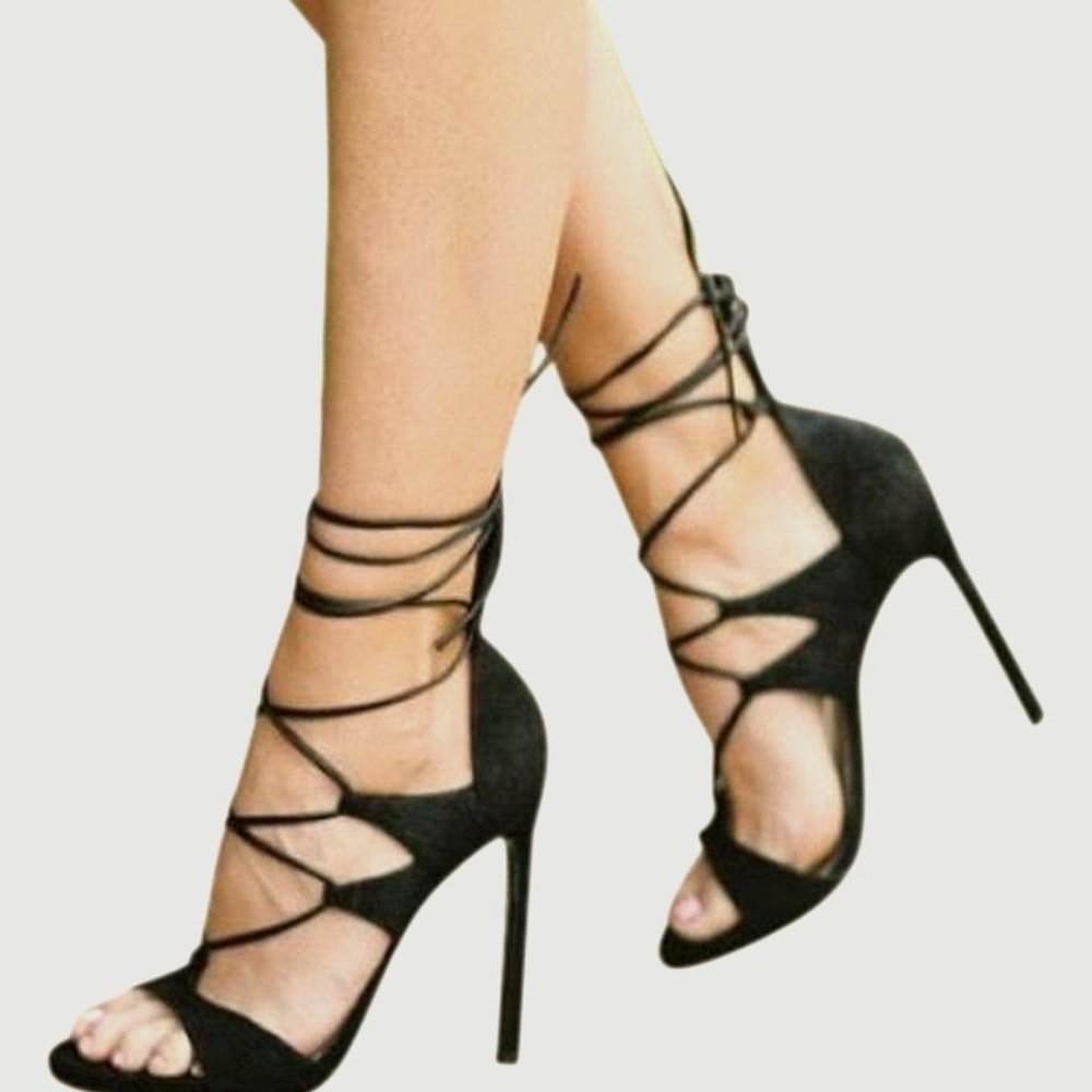 Stuart Weitzman Leg Wrap Black Textured Lace Up Heels